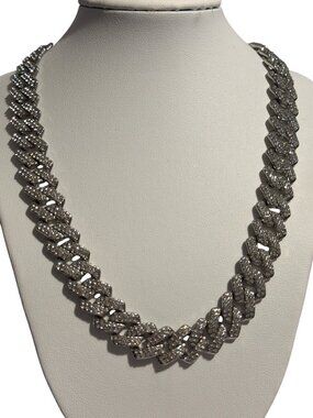 Iced Out Cuban Link Chain Necklace Secure Clasp Silver Tone  Hip Hop Chunky 18"